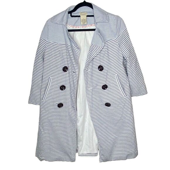 Anthropologie Elevenses Wm’s Sz 6 Blue White Stripe Cotton Bell Sleeves Pea Coat - Picture 2 of 5